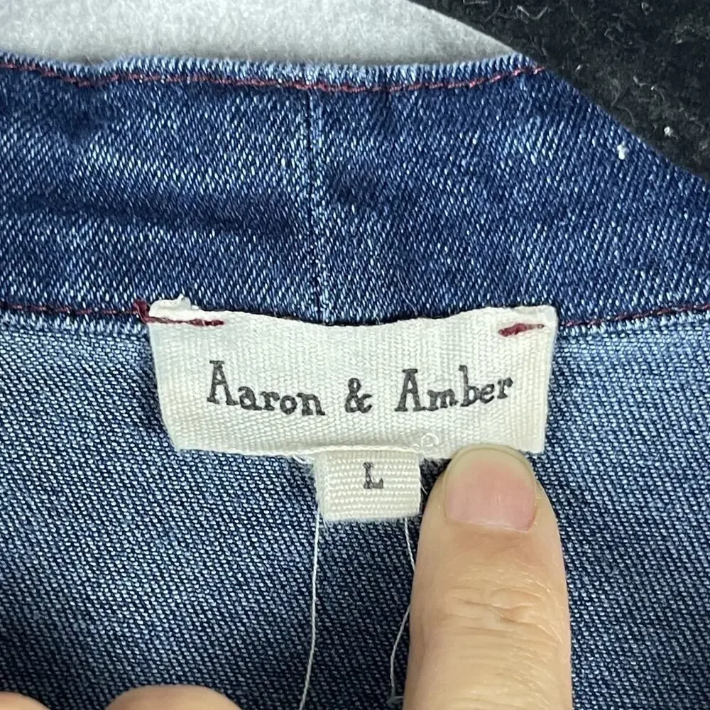 Aaron & Amber Denim Top Womens Large Blue Puff Sleeve Tie Neck Snap Button Heavy - Picture 5 of 16